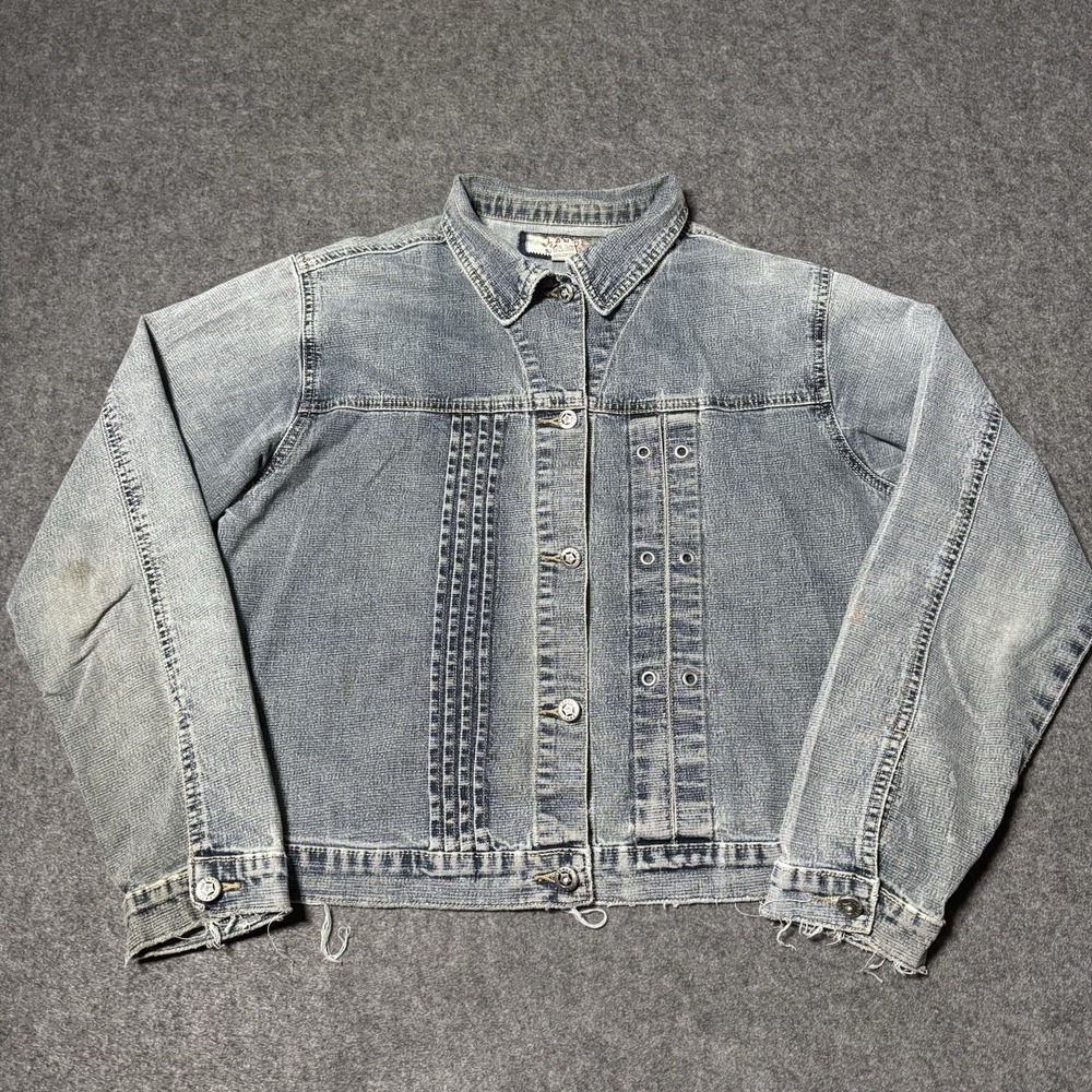 VTG Y2K Womens Lan De Originals Faded and Distressed Denim Trucker Jacket Size L